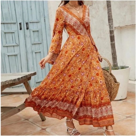 Boho Floral Print Wrap Maxi Dress orange - Picture 2 of 5